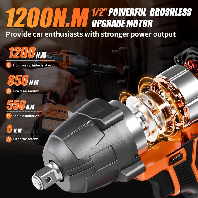 Cordless Impact Wrench, 900Ft-lbs (1200N.m) 1/2" Brushless Impact Gun, 21V High Torque Power Impact Driver, 2x4.0Ah Batteries Electric Impact Motor Variable Speeds for Family Car/Pickup Truck/Mower
