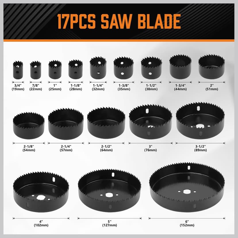 HORUSDY Hole Saw Set 24PCS Hole Saw Kit,Hole Saw Drill Bit Kit, 3/4"-6" (19-152mm) 17PCS Saw Blades, 2 Mandrels, 3 Drill Bit, Installation Plate, Hex Key, For Drywall, Soft Wood, Plywood, Plastic, PVC