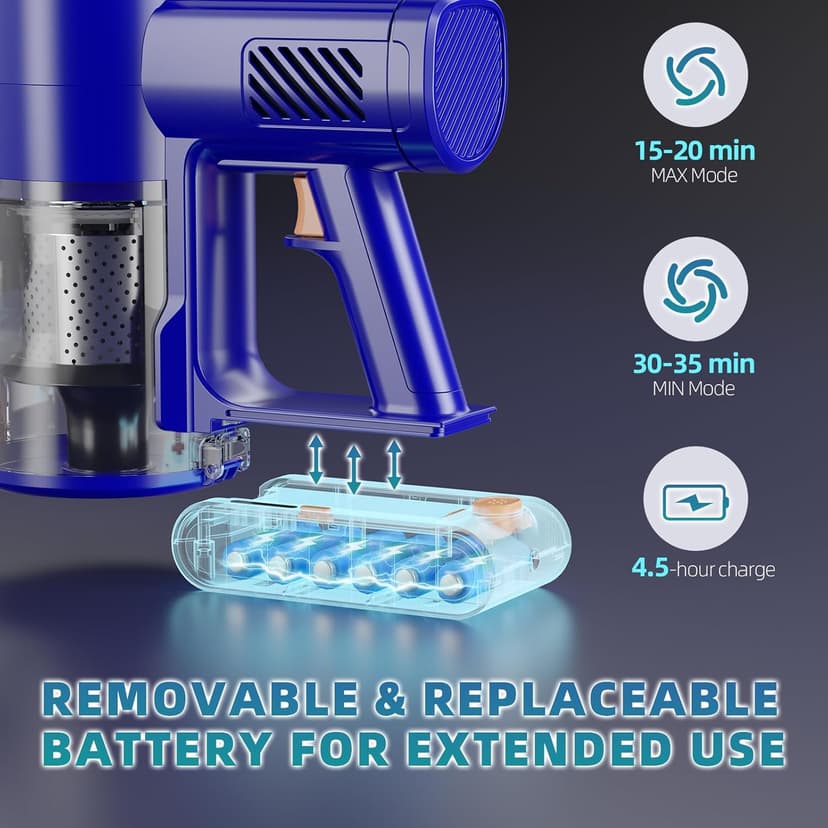Cordless Vacuum Cleaner, 180° Bendable Wand Stick Vacuum Cleaners with Touch Screen, 8-in-1 Vacuum with Lightweight Rechargeable Battery, Longlasting Runtime for Home Hard Floor Low-Pile Carpet