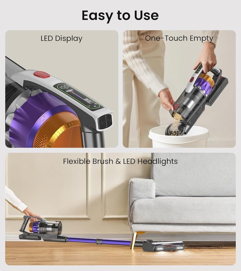 NADALY Cordless Vacuum Cleaner, 2025 New 580W 48KPA 65Mins Stick Vacuum, Anti-Tangle, Lightweight, Self-Standing, Rechargeable Vacuum Cordless, Vacuum Cleaners for Home/Pet Hair/Carpet/Hard Floor