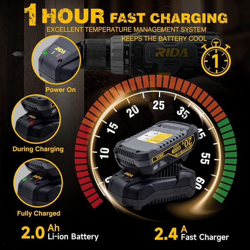 RIDA Cordless Drill Power Drill Cordless 20V 1/2'' Keyless Metal Chuck 355 In-lb(40N.m) Torque with 2.0AH Li-ion Battery & Fast Charger, Variable Speed, 25+1 Position and 22pcs Bits