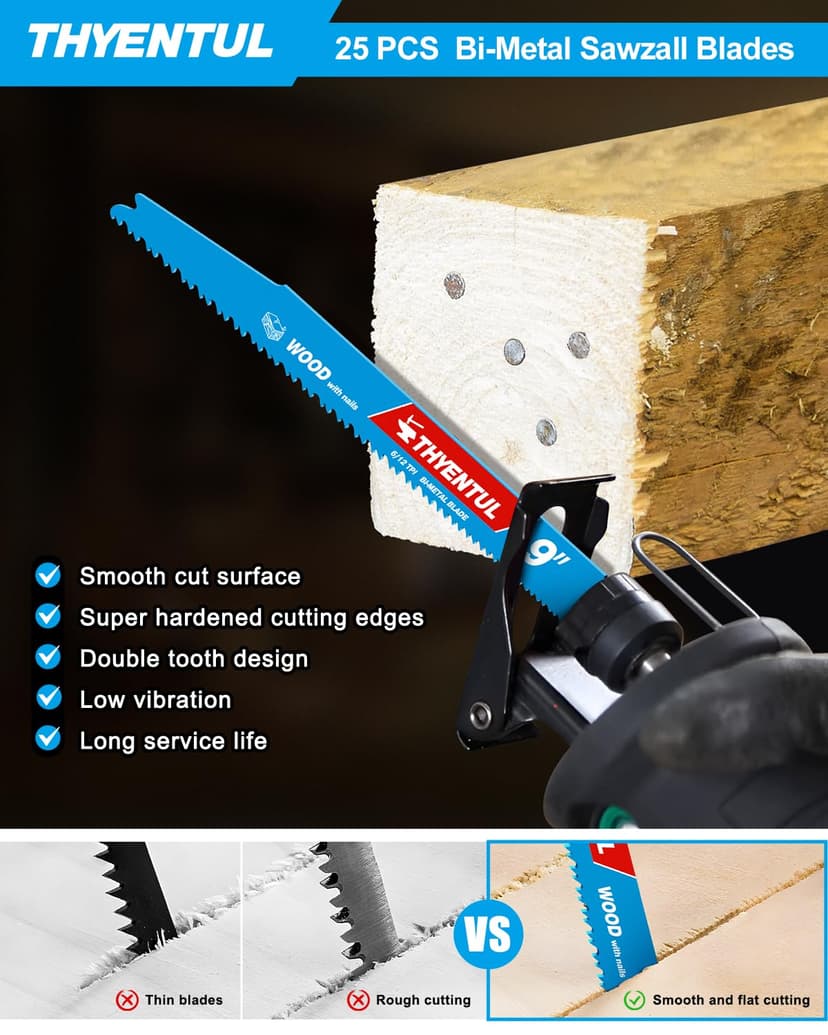 25 Pack 9 in Stud and Nail Sawzall Blades,Demo Demon Bi-Metal Demolition Reciprocating Saw Blade for Nail-Embedded Wood Cutting, Garden Pruning, Tree Trimming（6/12TPI）