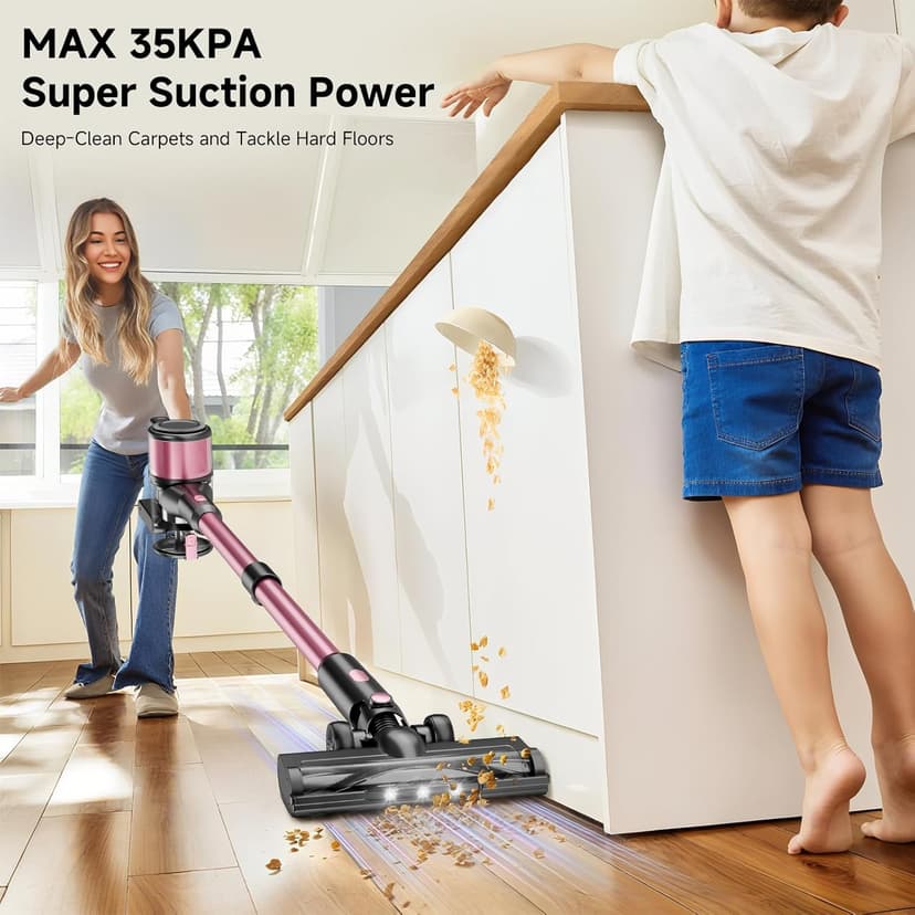 Cordless Vacuum Cleaner, 8 in 1 Powerful Stick Vacuum with 45min Runtime, Anti-Tangle Vacuum Cleaners for Home, Lightweight Handheld Wireless Vacuum for Hardwood Floor Carpet pet Hair, Rose
