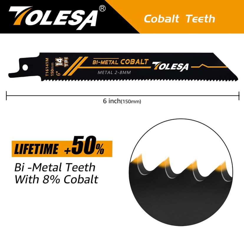 TOLESA Heavy Metal Cutting Reciprocating Saw Blades 6 Inch 14TPI for Pipe, Rebar, Bi-Metal Sabre Saw Blades 5 Pack