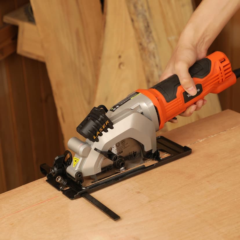 4Amp 3500RPM Mini Circular Saw with Laser Guide, Vacuum Adapter, Blade Wrench and Rip Guide, Max. Cutting Depth1-5/8"(90°), 1-1/10"(45°）Compact Saw with 2 pcs 4-1/2" 24T TCT Blades