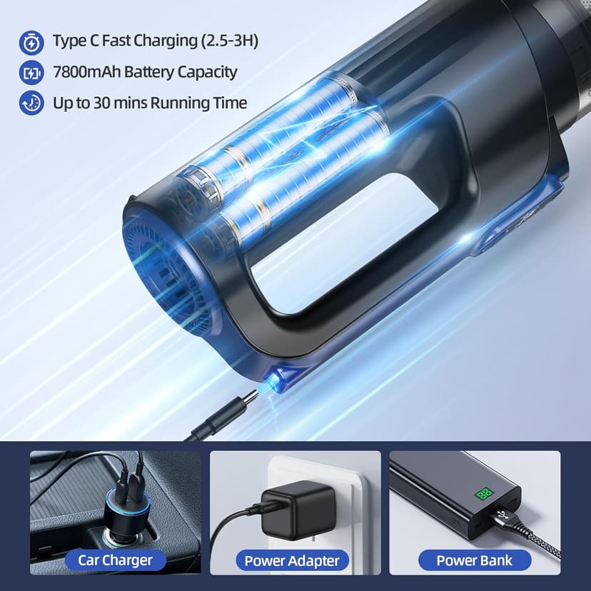 Car Vacuum Portable Cordless, 18000Pa 2 in 1 Cleaner&Air Duster, 130W Brushless Motor Handheld Vacuum Cordless with 7800mAh Battery, LED Light, Multi-Nozzles for Car, Home, Office, Pet