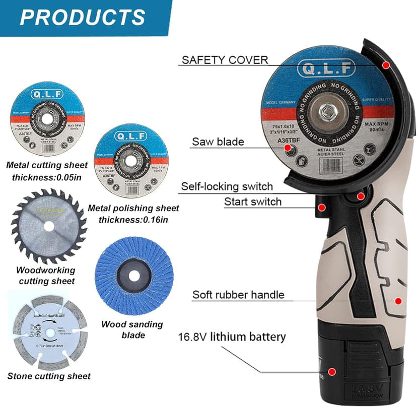 Cordless Brush Angle Grinder Kit, 19500rpm Mini Electric Angle Grinding Tool with 2pcs 16.8V 2000mAh Batteries and 5-Cutting Discs, Grinder Handheld Cutter for Metal Wood