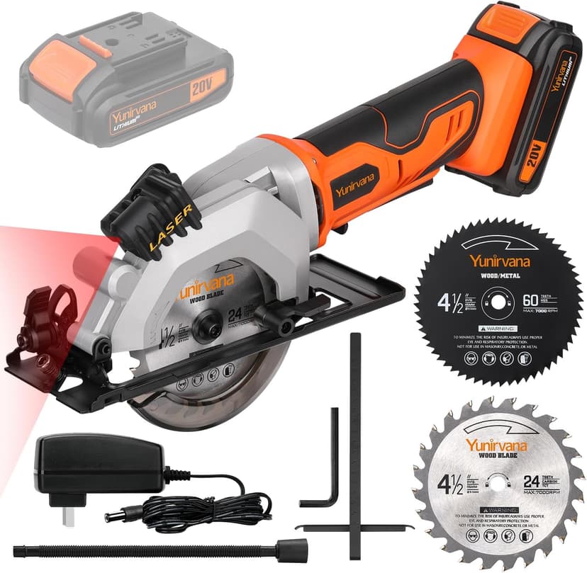 Mini Circular Saw, 20V 3400RPM Professional Cordless Circular Saw, Adjustable Angle and Depth,Max Cutting Depth 1-2/3"(90°), 1-1/8"(45°), Laser Guide, Rip Guide