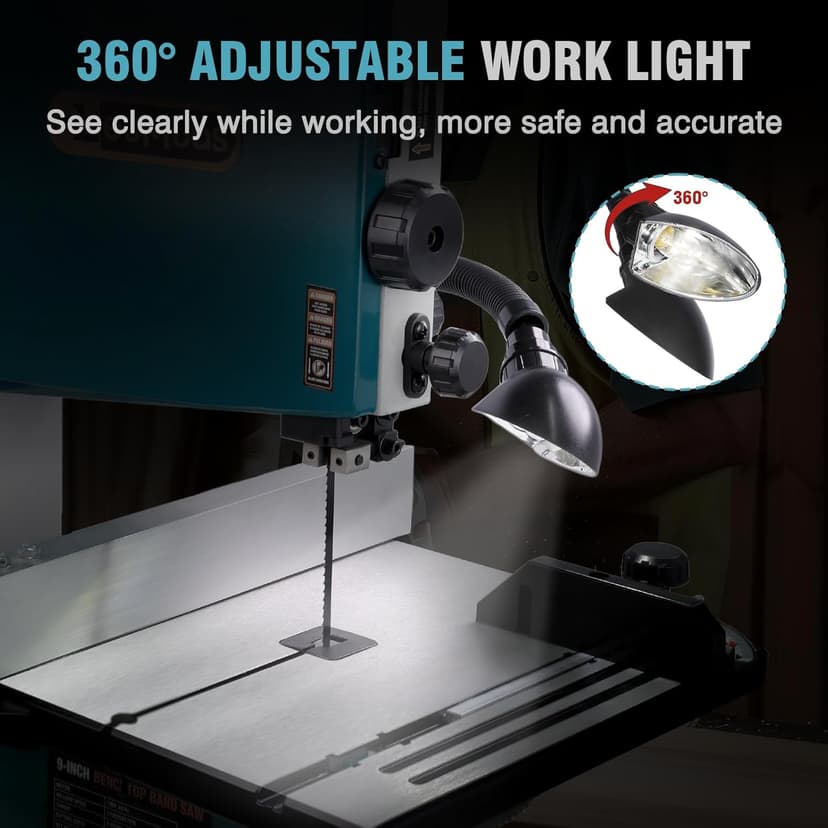 3Amp 9 Inch Benchtop Band Saw, 2-Speed（1700/2500FPM）with 360° Work Light, Miter Gauge & Rip fence, Steel Base, Band Saws for Woodworking