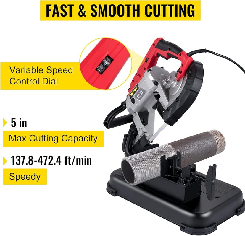 VEVOR Portable Band Saw, 110V Removable Alloy Steel Base Corded Band Saw, 5 Inch Cutting Capacity Hand held Band Saw,Variable Speed Portable Bandsaw, 10Amp Motor Deep Cut Band saw for Metal Wood