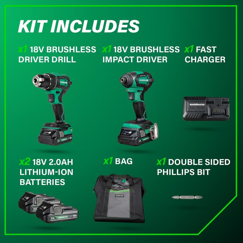 Metabo HPT 18V MultiVolt Cordless Brushless Driver Drill & Impact Driver Combo Kit, Power Tool Kit, 2 Lithium-Ion Metabo HPT Batteries and Charger, High Torque, Compact Lightweight Design, KC18DEXQB