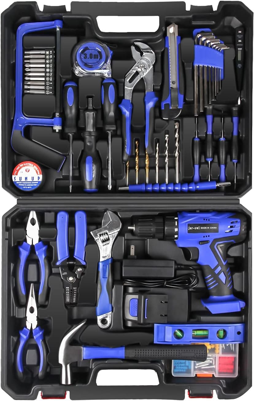 jar-owl 21V Tool Set with Drill, 350 in-lb Torque, 0-1350RMP Variable Speed, 10MM 3/8'' Keyless Chuck, 18+1 Clutch, 1.5Ah Li-Ion Battery & Charger for Home Tool Kit