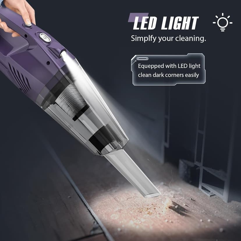 Handheld Vacuum Cordless - Car Vacuum Portable & Small Vacuum Cleaner with 6KPa Suction, USB Vacuum Cordless Rechargeable, HEPA Filter, LED Light for Pet Hair, Home, Car, Office - Includes Accessories