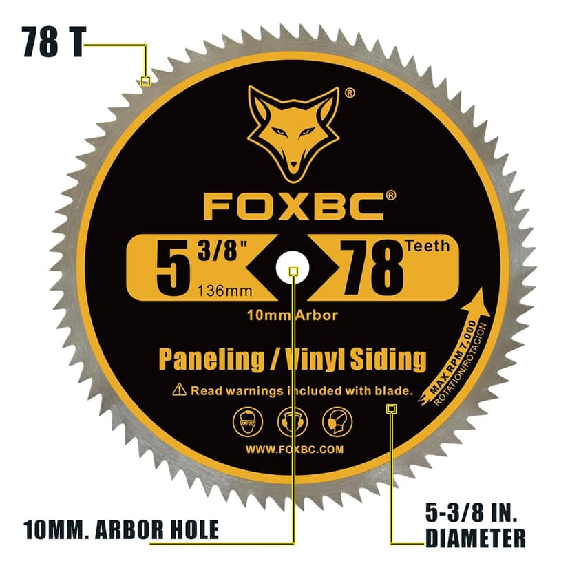 FOXBC 5 3/8 Inch Circular Saw Blade 78 Tooth for Paneling, Plastics, Vinyl Siding Cutting with 3/8" (10mm) Arbor, Replacement for DeWalt DW9053-3 Pack