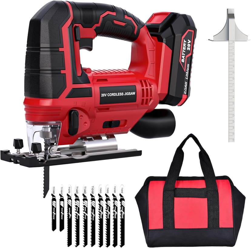 Jig Saw - 20V Cordless Jigsaw with Battery and Charger 2700 SPM Rechargeable Jigsaw with 10pcs Cutting Blades Bevel Angle (±45°) Variable Speed and 4 Orbital Function for Straight/Curve/Circle Cutting
