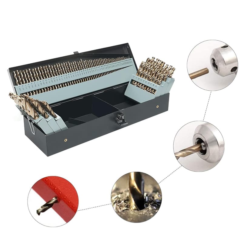 115Pcs Cobalt Drill Bits Set, M35 High Speed Steel, 135 Degree Tip, Twist Jobber Length Drill Bit Kit for Hardened Metal, Plastic and Wood with Metal Indexed Storage Case, 1/16"-1/2"