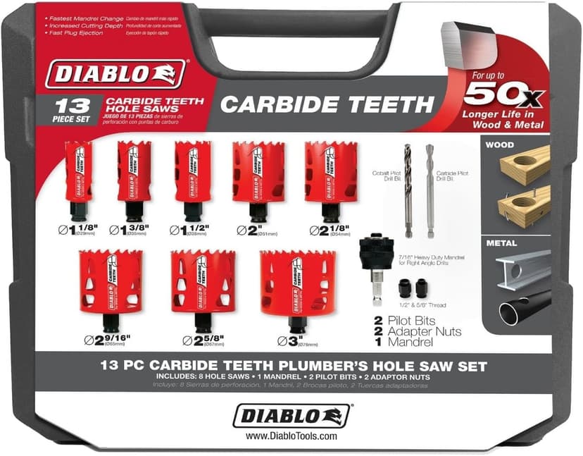 Diablo Carbide Teeth Hole Saw Set for Plumbers - 8 Hole Saws, 1 Mandril, 2 Pilot Bits, 2 Adaptor Nuts with SnapLock Plus Mandrel System - 13-Piece Set - DHS13SPLCT