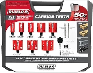 Diablo Carbide Teeth Hole Saw Set for Plumbers - 8 Hole Saws, 1 Mandril, 2 Pilot Bits, 2 Adaptor Nuts with SnapLock Plus Mandrel System - 13-Piece Set - DHS13SPLCT
