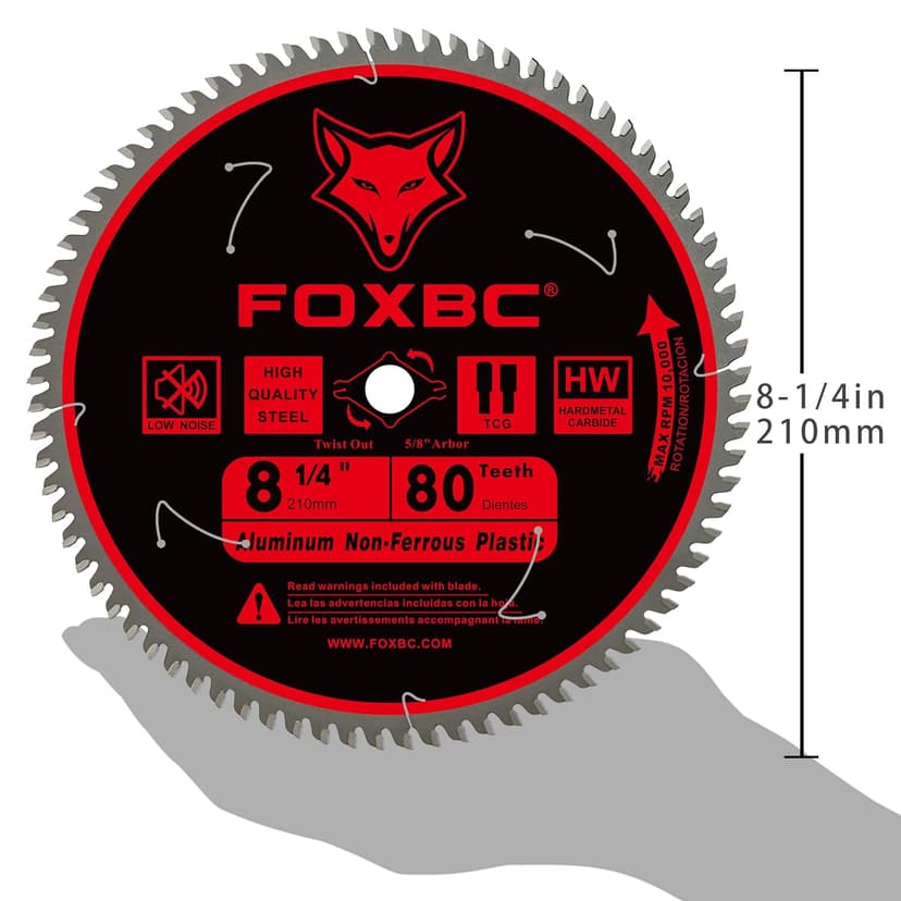 FOXBC 8-1/4 Inch Metal Cutting Table Saw Blade 80-Tooth TCG for Aluminum, Copper, Plastic, Brass, Fiberglass with 5/8-Inch Arbor