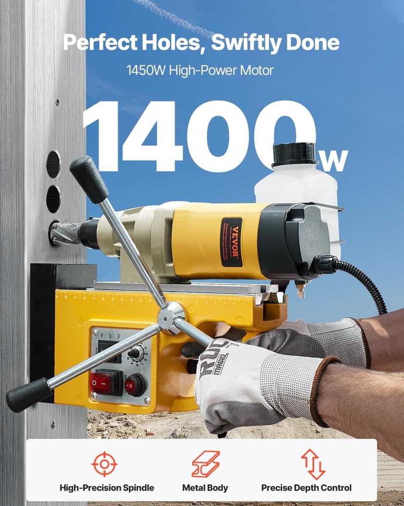 VEVOR Magnetic Drill, 1450W Motor 2 in Boring Diameter, 2878 lbf Electric Mag Drill Press, with 6 Coring Bits, Variable Speed, Drilling Machine for Metal Surface, Home Improvement Industry, Yellow