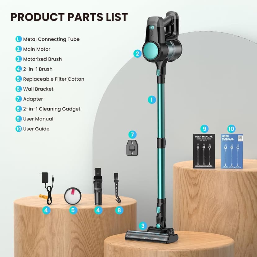 N3T Cordless Vacuum Cleaner,Wireless Stick Vacuum with 40mins Runine,Self-Standing,Anti-Tangle Brush,Rechargeable Lightweight Vacuum Cleaner for Home,Hardwood Floor,Pet Hair, Carpet-Green