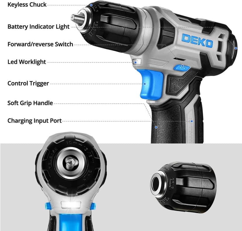 DEKOPRO Drill Set: Tool Set with 8V Blue Cordless Drill, Home Tool Kit with Drill, Hand Tool Kits for Men & Women 126 Piece