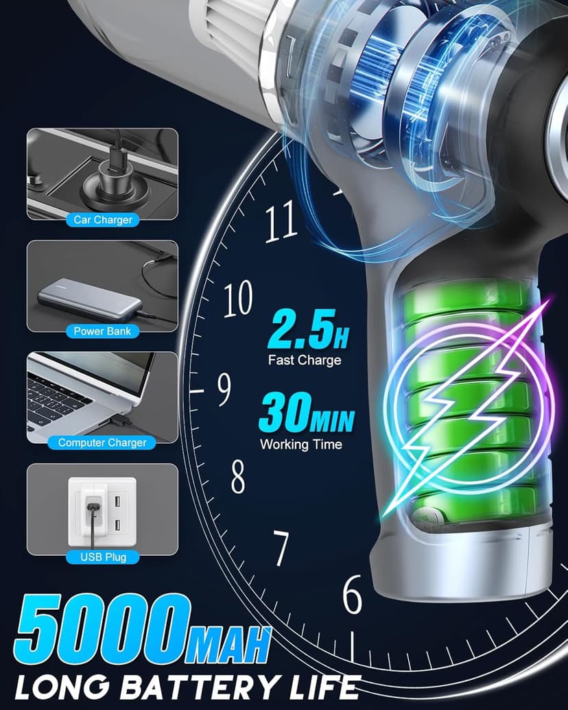 18000Pa Car Vacuum Portable Cordless, 5000mAh High Power Cordless Vacuum Cleaner, 120W Portable Vacuum for Car, Office, Pet and Home Cleaning