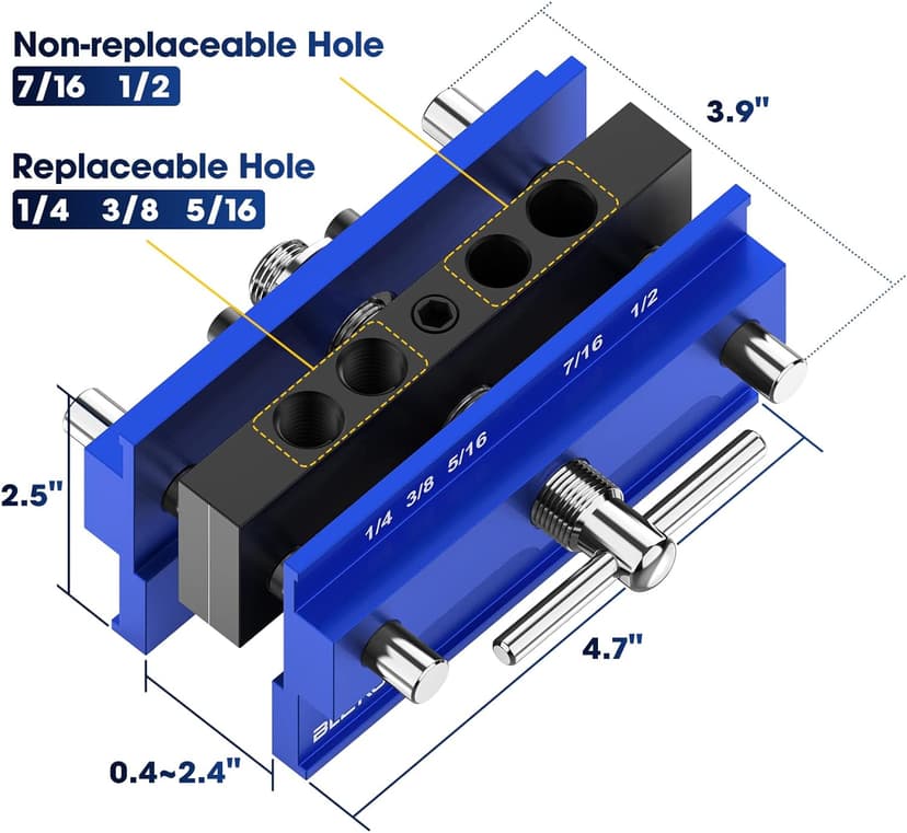 Self Centering Doweling Jig Kit, Drill Jig For Straight Holes Biscuit Joiner Set With 6 Drill Guide Bushings, Adjustable Width Drilling Guide Power Tool Accessory Jigs (Blue)