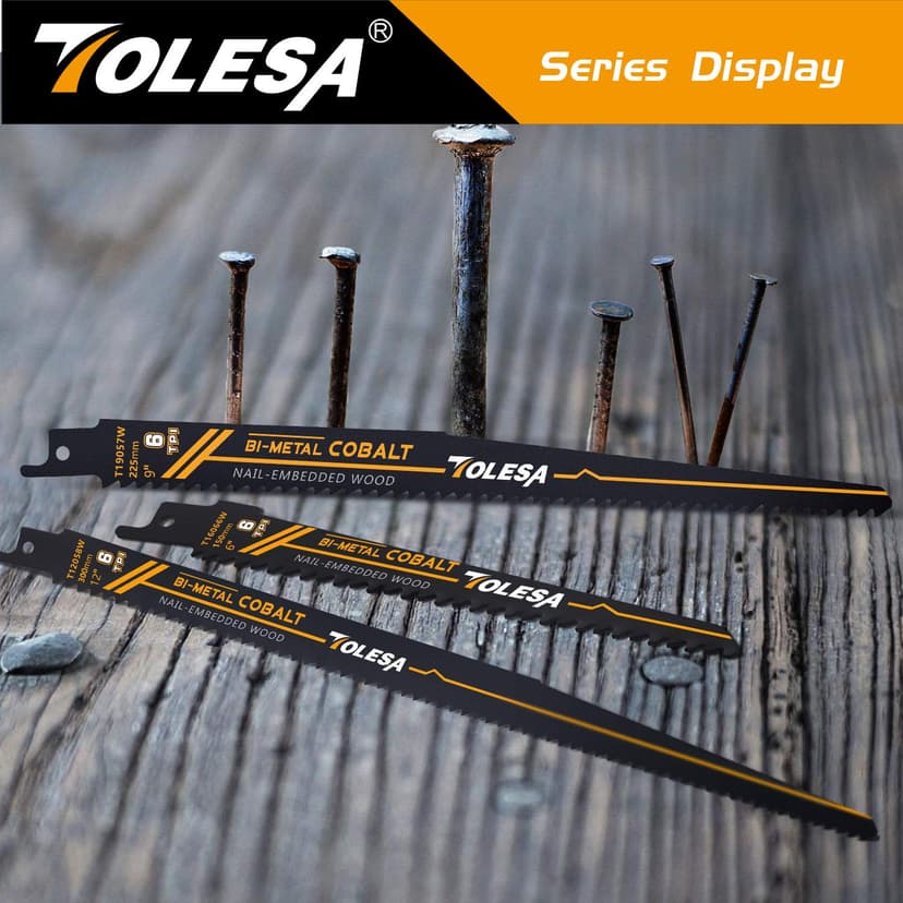 TOLESA Nail Embedded Wood Reciprocating Saw Blades for Window Door Demolition and Construction Wood Cutting 12 Inch 6TPI Bi-Metal Teeth with Cobalt Sharp Cutting 5 Pack