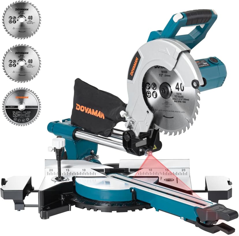 DOVAMAN Updated 10-Inch Sliding Miter Saw, Multi-Material Cutting w/ 3 x TCT Blades, Ambidextrous Operation, 5000/3200RPM Speed, Laser Guide, 0-45° Bevel Cut, Max Cut 3.5x13.4in, 9 Positive Stops