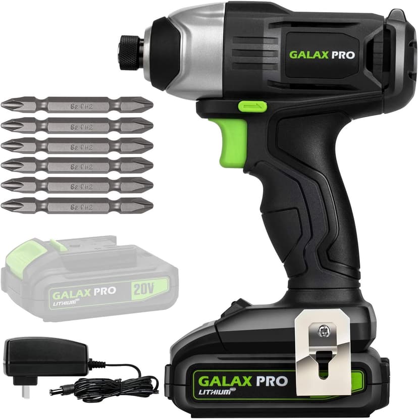GALAX PRO Impact Driver 20 V Lithium Ion 1/4" Hex Cordless Driver with LED Work Light, 6 Pieces Screwdriver Bits, Variable Speed (0-2800 RPM)- 1.3 Ah Battery and Charger Included