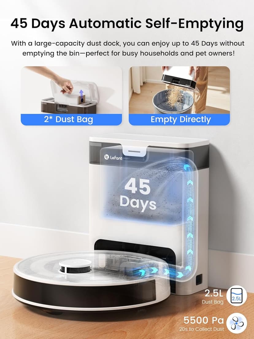 Lefant LiDAR Robot Vacuum and Mop, 45-Day Self-Emptying, 190° PSD Obstacle Avoidance, Customized Cleaning, Multi-Floor Mapping, 5500Pa Strong Suction, 140 Min Runtime, WiFi/App/Alexa, M2 Pro