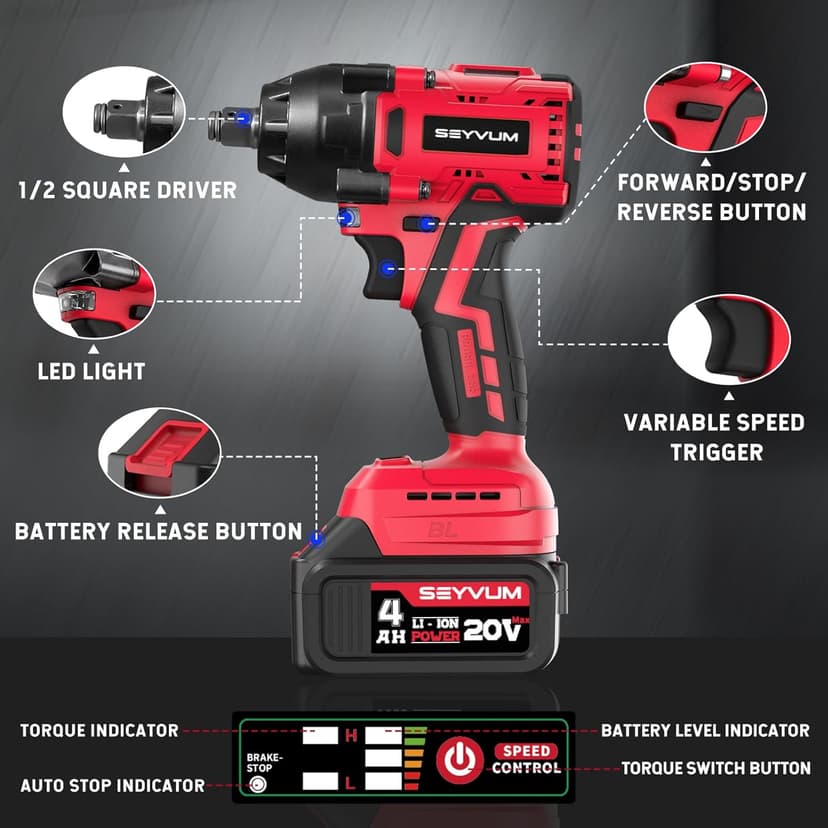 SEYVUM Impact Wrench,1/2" Impact Gun, Power Impact Driver Max Torque 320 Ft-lbs (430N.m), Cordless Impact Wrench with 20V Brushless Motor, 4.0Ah Li-ion Battery with Fast Charger, 4 Pcs Impact Sockets