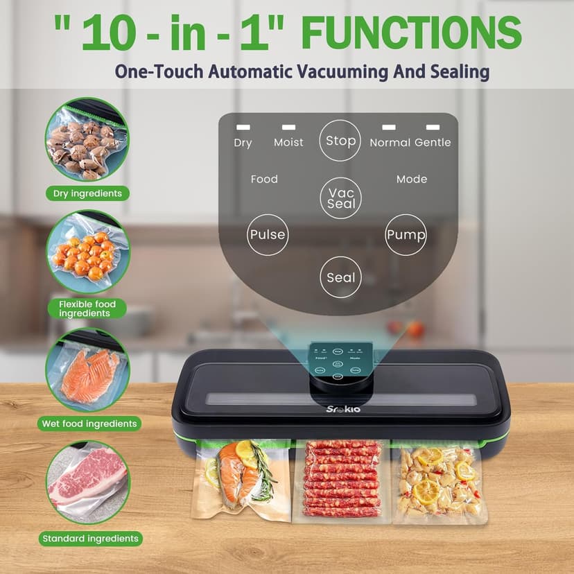 85kpa Food Vacuum Sealer Machine,Vacuum Sealer For Food with Cutter, Full Automatic Bag Sealer,Dry Moist Fresh Modes,10 Pre-cut Bags and Accessory Hose,Black
