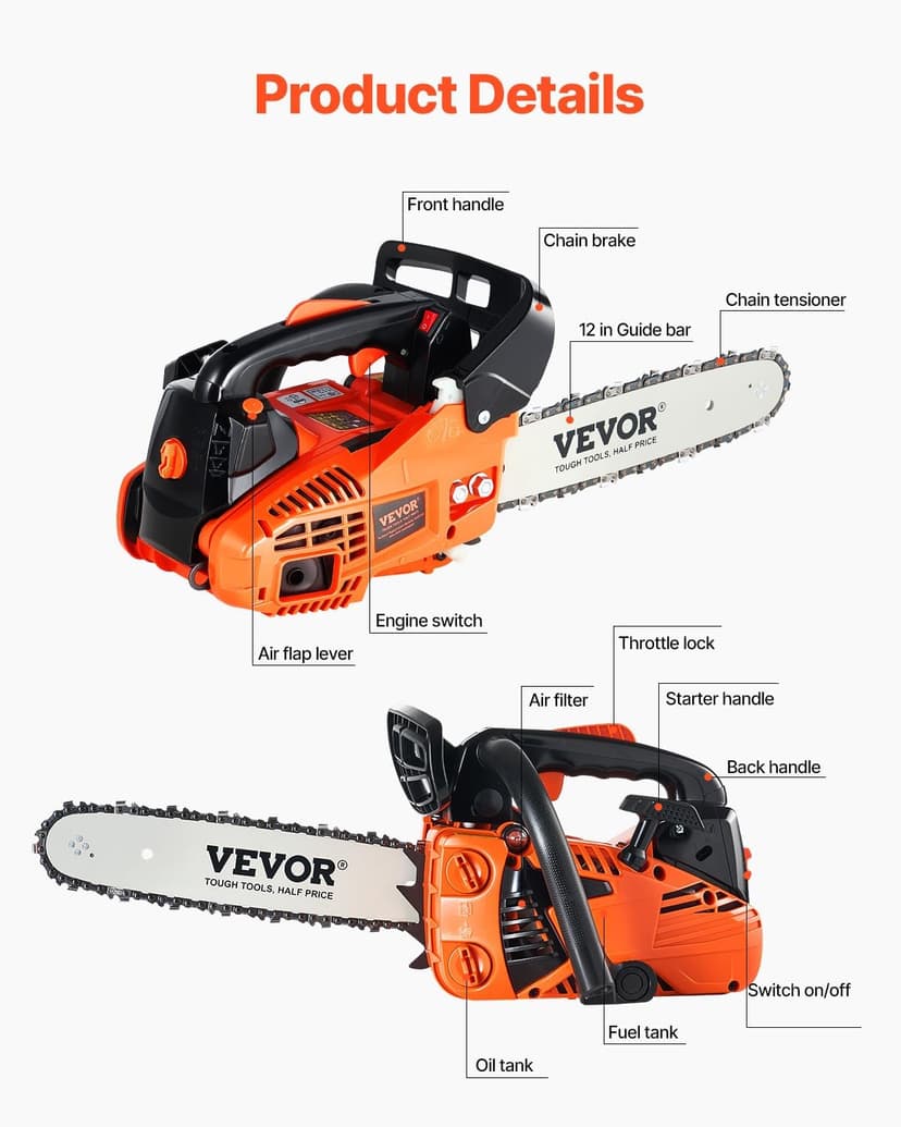VEVOR 25.4 CC 2-Cycle Top Handle Gas Powered Chainsaw 12 Inch Petrol Handheld Cordless Chain Saw for Tree Wood Cutting