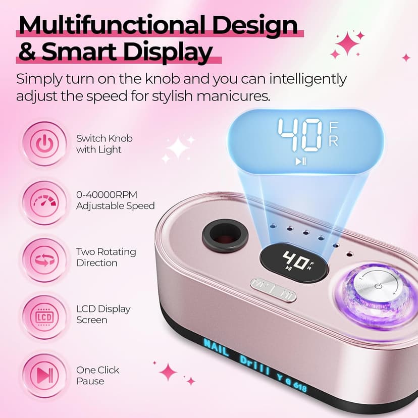 40000RPM Electric Nail File Drill Professional Kit, Drill Machine with LCD Display, Manicure Pedicure Polishing Acrylic Gel Nail Grinder for Salon, Home Use