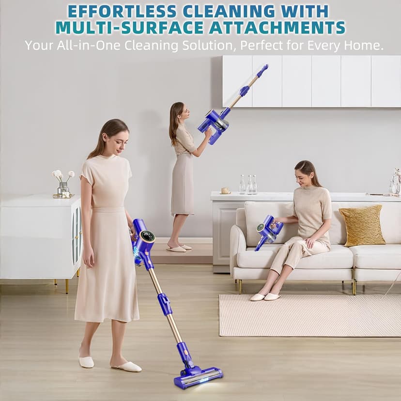 Cordless Vacuum Cleaner, 180° Bendable Wand Stick Vacuum Cleaners with Touch Screen, 8-in-1 Vacuum with Lightweight Rechargeable Battery, Longlasting Runtime for Home Hard Floor Low-Pile Carpet