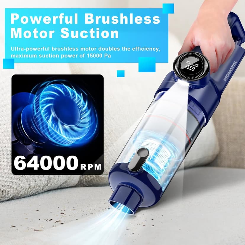 Handheld Vacuum Cordless - Car Vacuum Cleaner with Brushless Motor, 15000Pa Strong Suction with LED Light, Type C Cable, 2 Fliters, Portable Hand Vacuum for Car, Home, and Office
