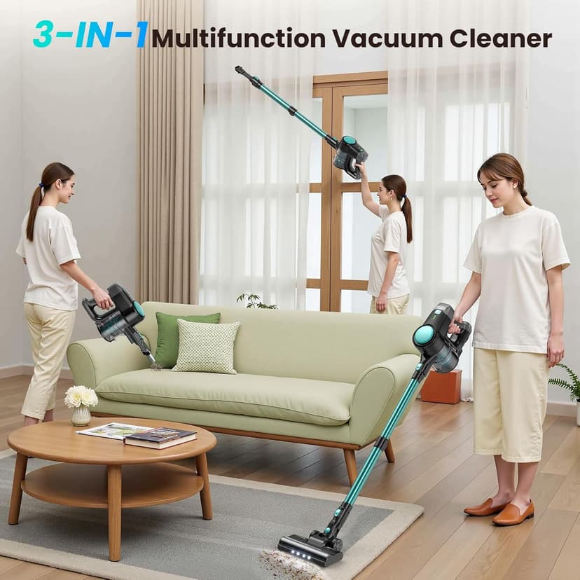 N3T Cordless Vacuum Cleaner,Wireless Stick Vacuum with 40mins Runine,Self-Standing,Anti-Tangle Brush,Rechargeable Lightweight Vacuum Cleaner for Home,Hardwood Floor,Pet Hair, Carpet-Green