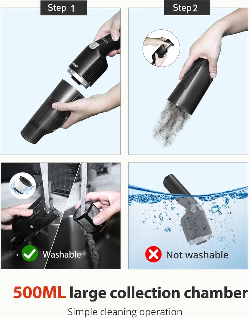 Handheld Vacuum Cordless,15KPA Powerful Car Vacuum,Last 30 Minutes,Rechargeable+Charging Base,500ML Detachable Dust Cup,1.4lb Lightweight,2-in-1 Cleaning Brush,Clean Kitchen,pet Hair,car,Black