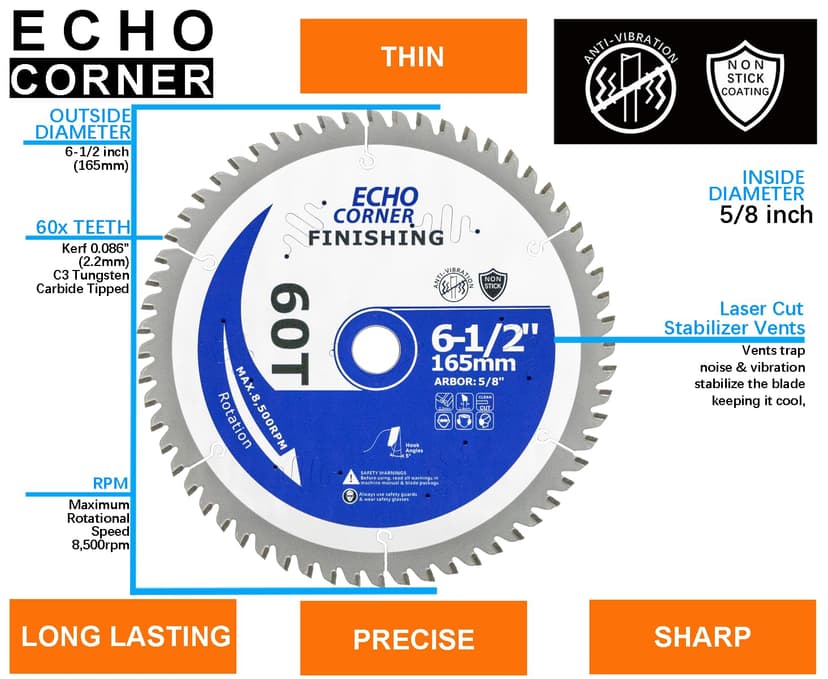 6-1/2 Inch Ultra Finish Circular Saw Blade 60T, Non-Stick Coating, for Wet Lumber, Composite Decking, Plywood, Plastic, Veneer, Laminate