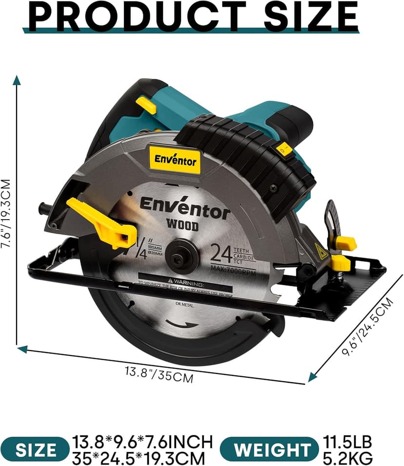 Enventor Circular Saw Corded, 14A Electric Circular Saws 7-1/4-Inch with Laser Guide, 2 Blade Saws (40T/24T), Max Cutting Depth 2-7/16"(90°), 1-13/16"(0°-45°), Single Handed Bevel, 5500RPM, Blue