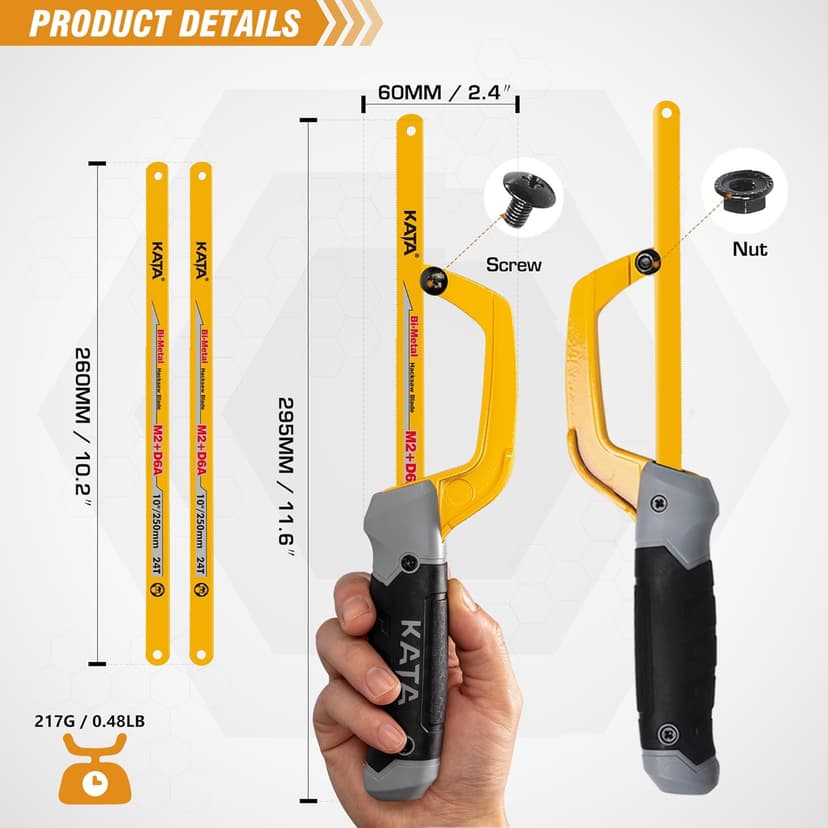 KATA Hacksaw, Compact Hand Operating Hack Saw with 10 Inch Aluminum Frame and 2 Piece Extra Flexible Bi-Metal HSS Blades, Suitable for Wood and Metal (Mini Hacksaw)
