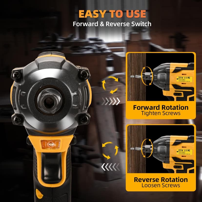 Cordless Impact Wrench, 21V Torque Power Impact Driver, 1/2" Power Impact Wrenches with 2 * 2.0Ah Batteries with 19 Accessories, Electric Impact Motor Variable Speeds for home installation (Yellow)