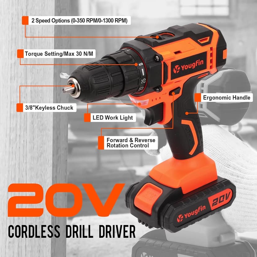Tool Kit with Drill, Yougfin 20V Cordless Power Drill with 2 Batteries & Charger Drill Sets Combo Kit for Men 114 pcs Household Hand Tools for Home Apartment Dorm Repair