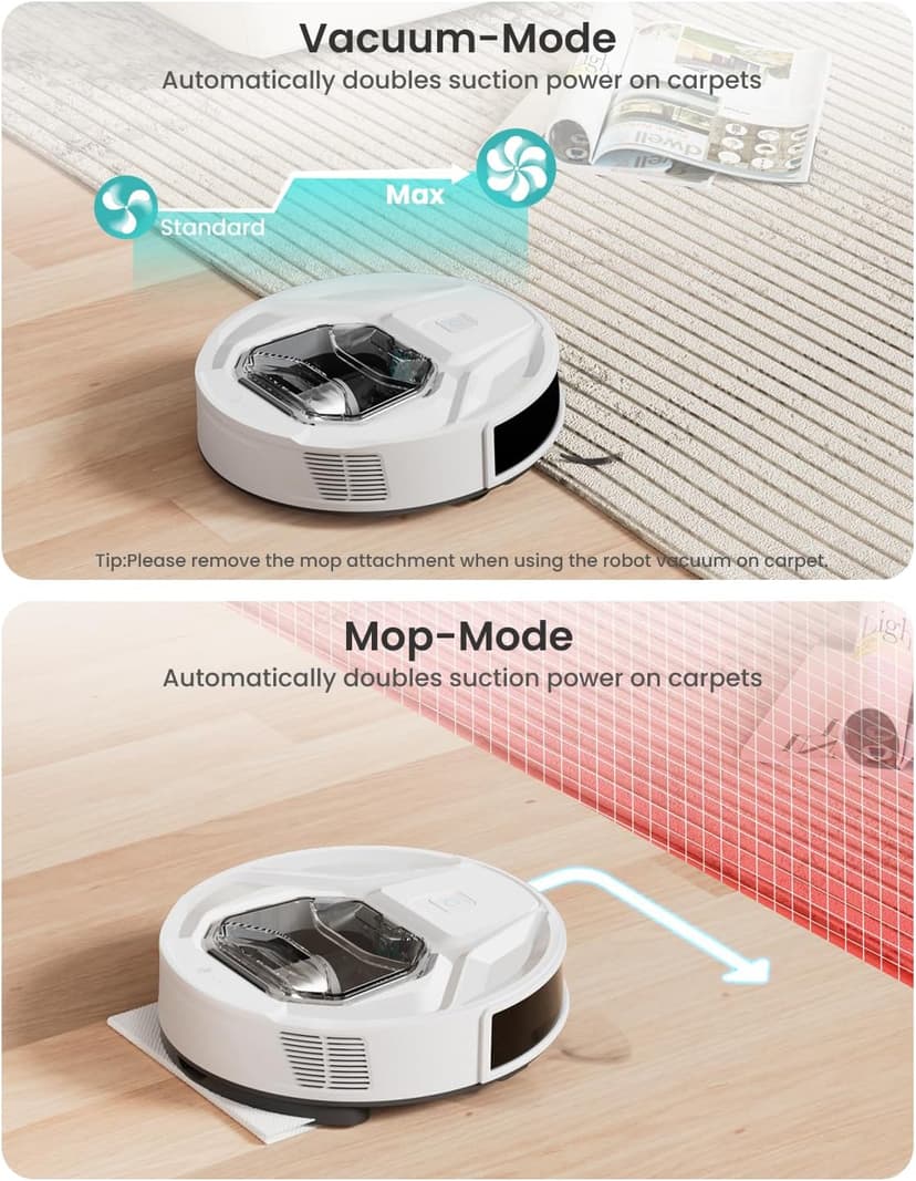 Lefant M320 Robot Vacuum with Mop Combo, 6500Pa Powerful Suction, 210 Mins Runtime, Slim, 800ml Visible Dustbin, Carpet Detection, Alexa Voice Control, Ideal for Hard Floor and Pet Hair, White