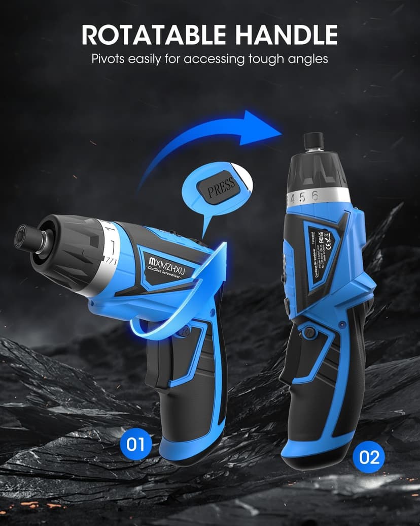 8V Cordless Screwdriver,6+1 Torque Max 10N·m Electric Power Screwdriver with 47 Accessories,180°Pivoting Handle, 2000mAh Rechargeable Screw Gun&Bit Set with LED Light, Flexible Shaft,for Home,Office