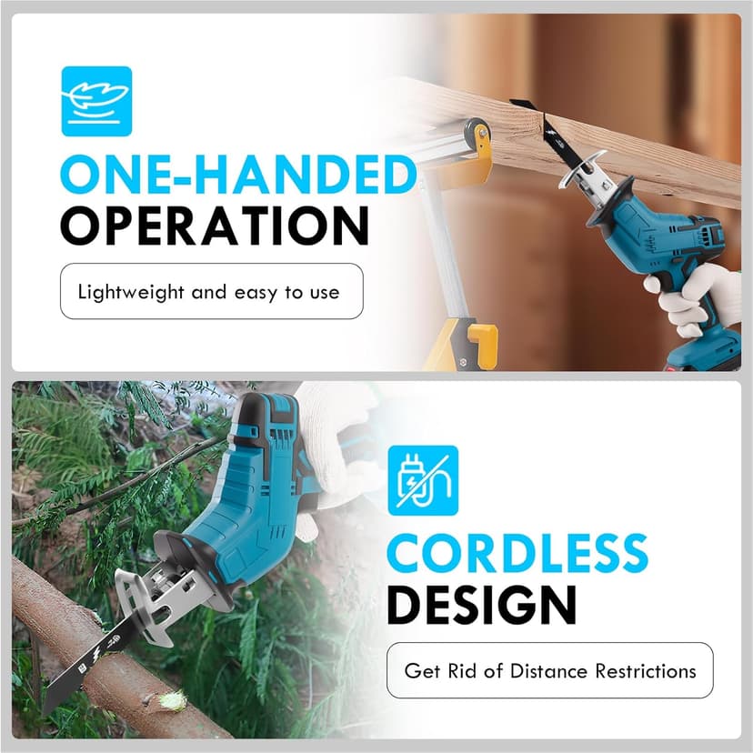 Reciprocating Saw Cordless, Variable Speed 3000 RPM Brushless Motor with 8 Saw Blades, 2 x 2.0Ah Batteries, LED Light, Tool‑Free Blade Change, Portable for Wood PVC Cutting