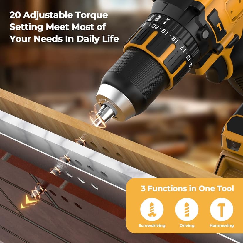 Cordless Hammer Drill Compatible with Dewalt 20V MAX Battery(No Battery)20V Brushless Drill, 1/2" Cordless Drill for Concrete with Variable Speed for Home Improvement, Woodworking, Metal