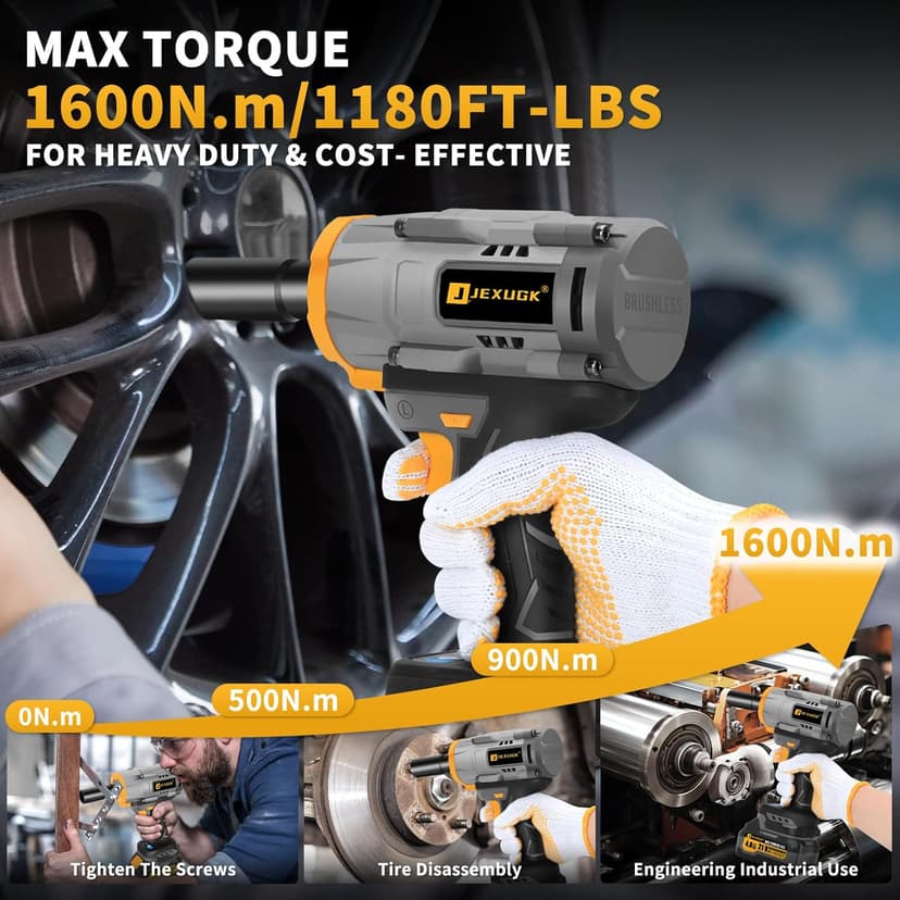 1600Nm Cordless Impact Wrench, 21V 1/2" 1180Ft-lbs Impact Gun wiht 2 x 4.0Ah Battery, High Torque Pistola De Impacto with 6 Sockets, Brushless Llave De Impacto Driver for Truck/Car/Mower